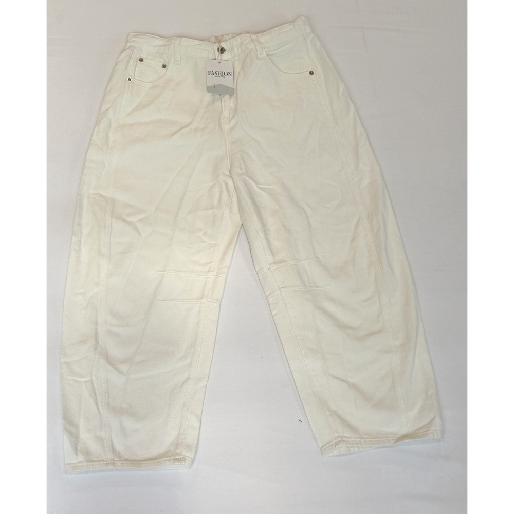 Women's Barrel Jeans Cropped High Waisted White Pants XL casual School Preppy